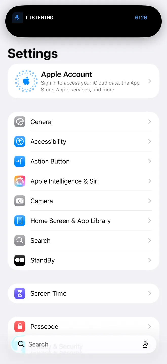 The iPhone Dynamic Island showing Lisper listening while another app is open