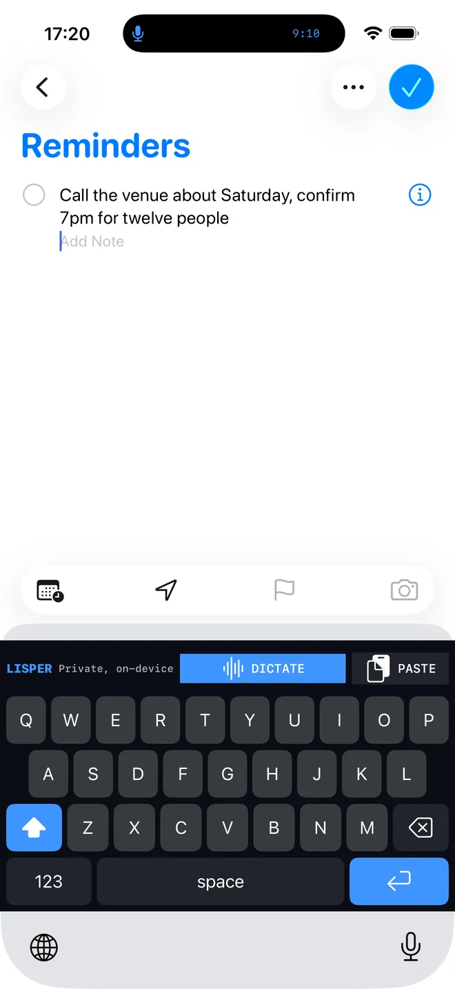 The Lisper keyboard inserting a transcript into a reminder